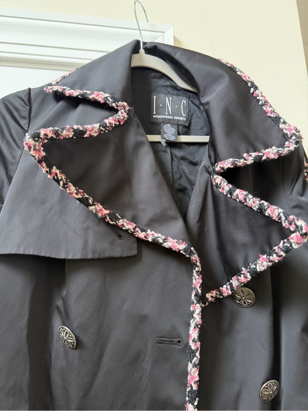 INC International Concepts Black Trench Coat with Pink Floral Trim - Picture 4 of 8